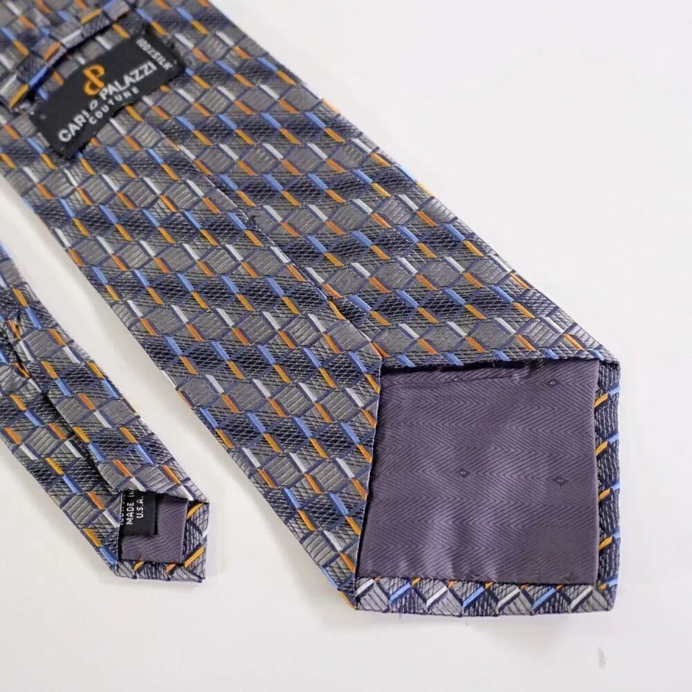 Carlo Palazzi Couture Woven Gray Blue Orange Geometric‎ Wide Silk Tie